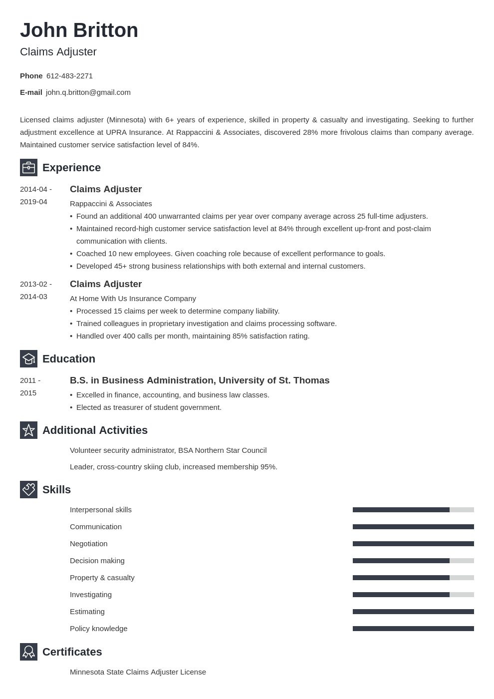 Claims Adjuster Resume