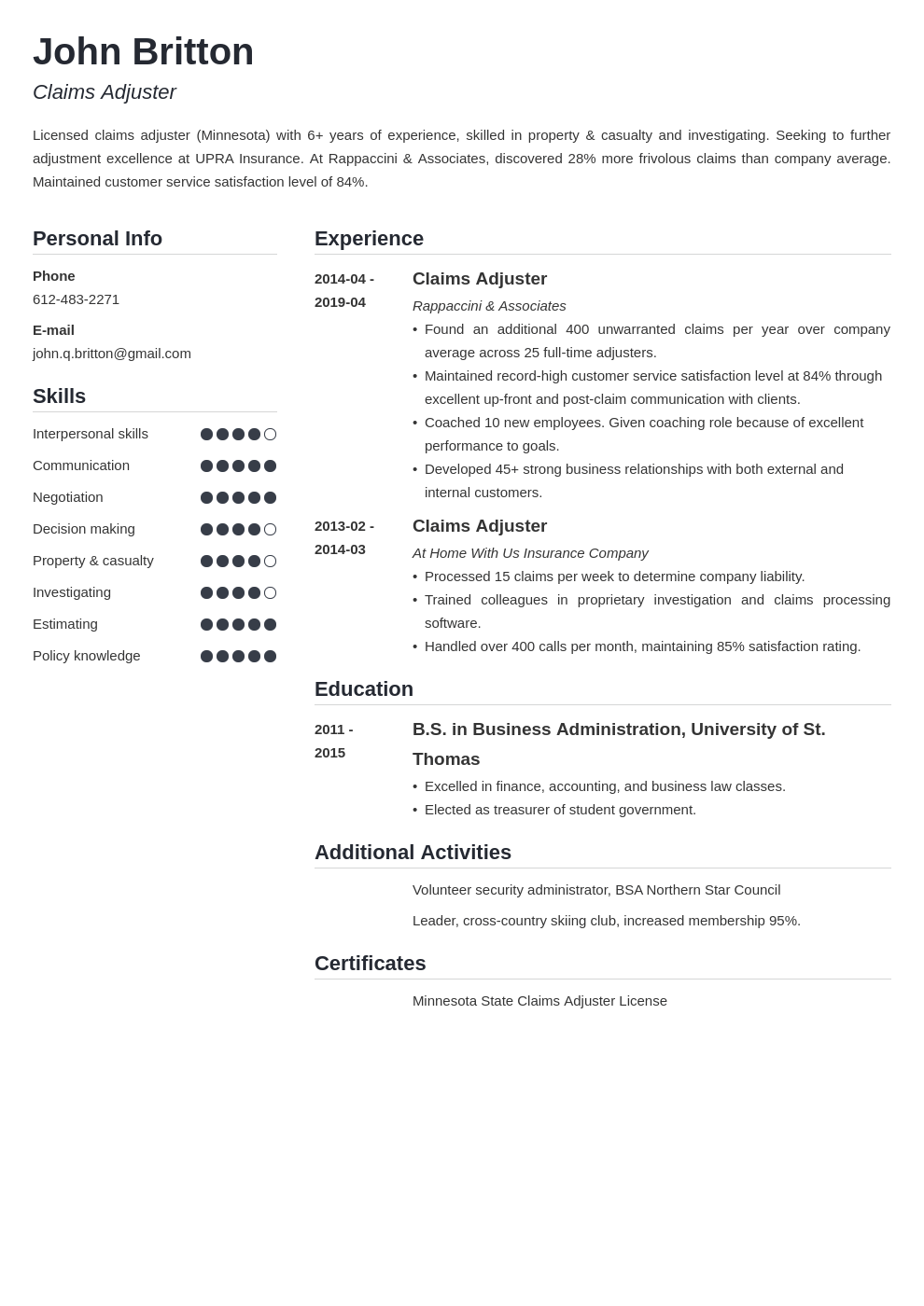 claims adjuster resume example template simple