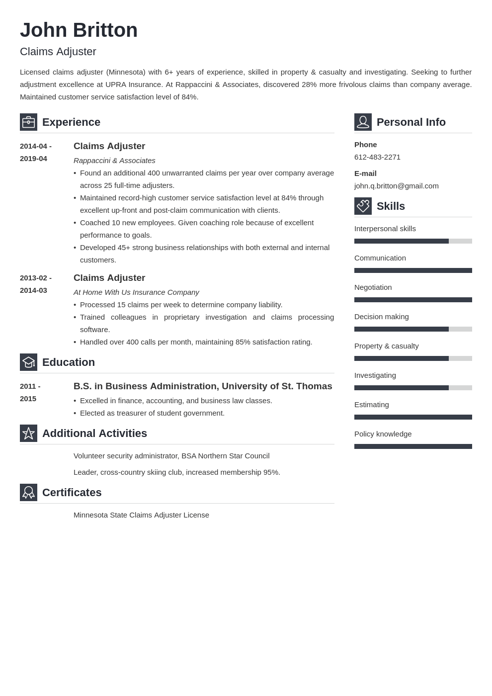 claims adjuster resume example template vibes