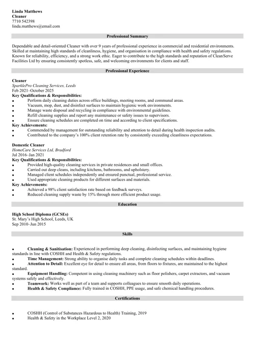 cleaner CV examples