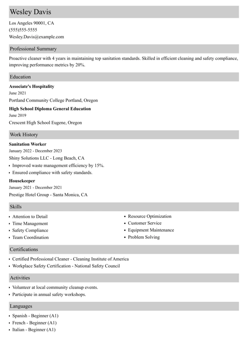 cleaning resume example