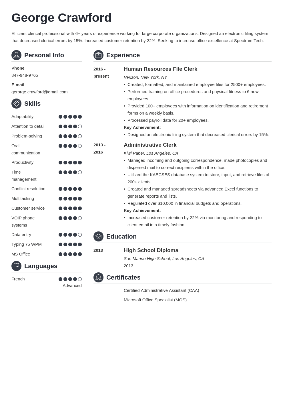 clerical resume example template crisp