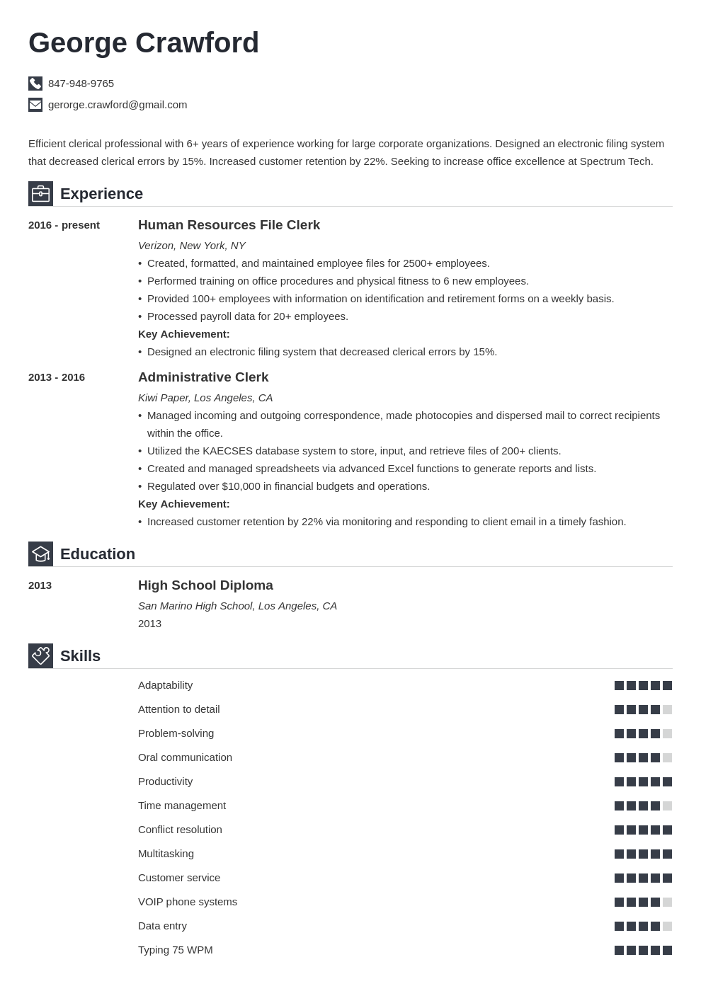 clerical resume example template iconic