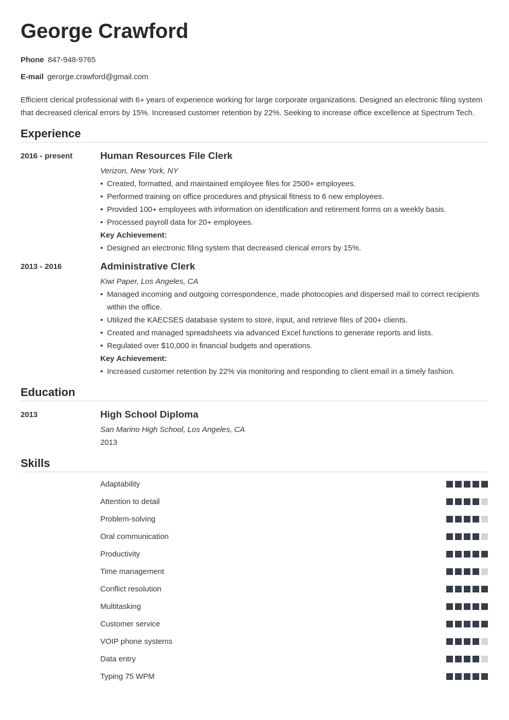 applicant resume sample for clerk