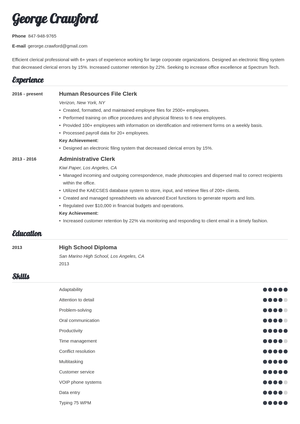Clerical Resume Skills