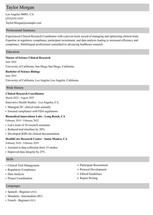 Clinical Research Coordinator Resume Sample