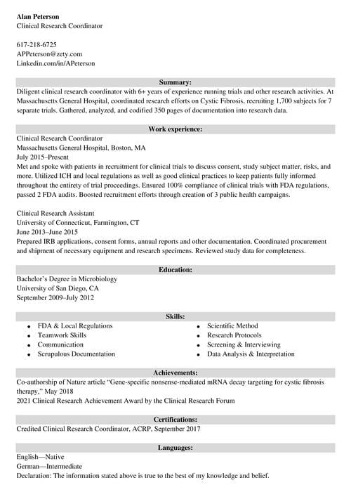 senior clinical research coordinator resume