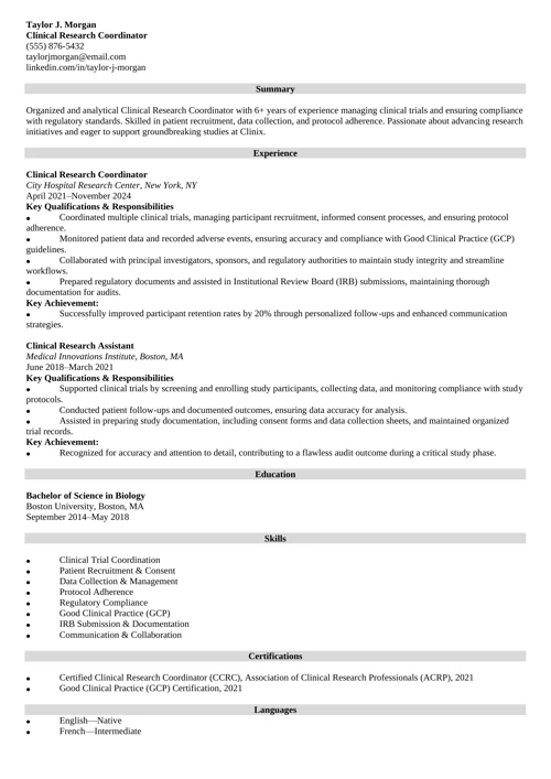 Clinical Research Coordinator Resume Sample