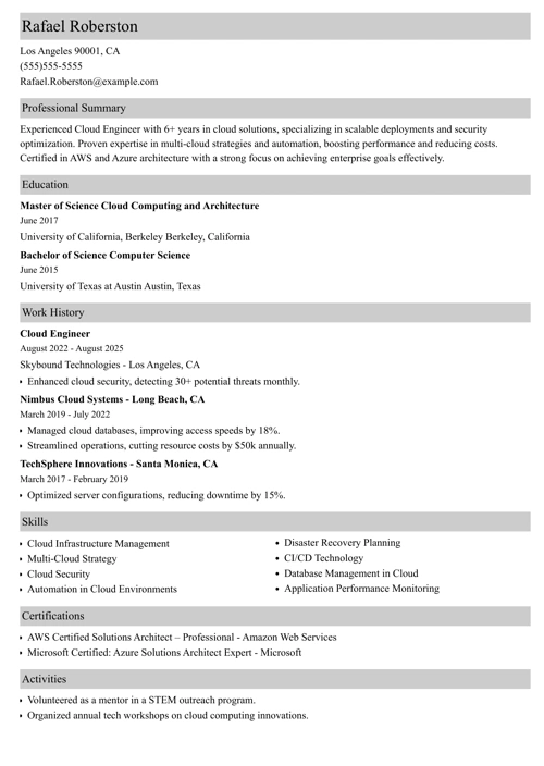cloud engineer resume example