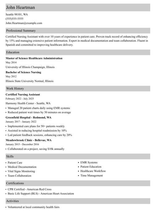 Cna resume example