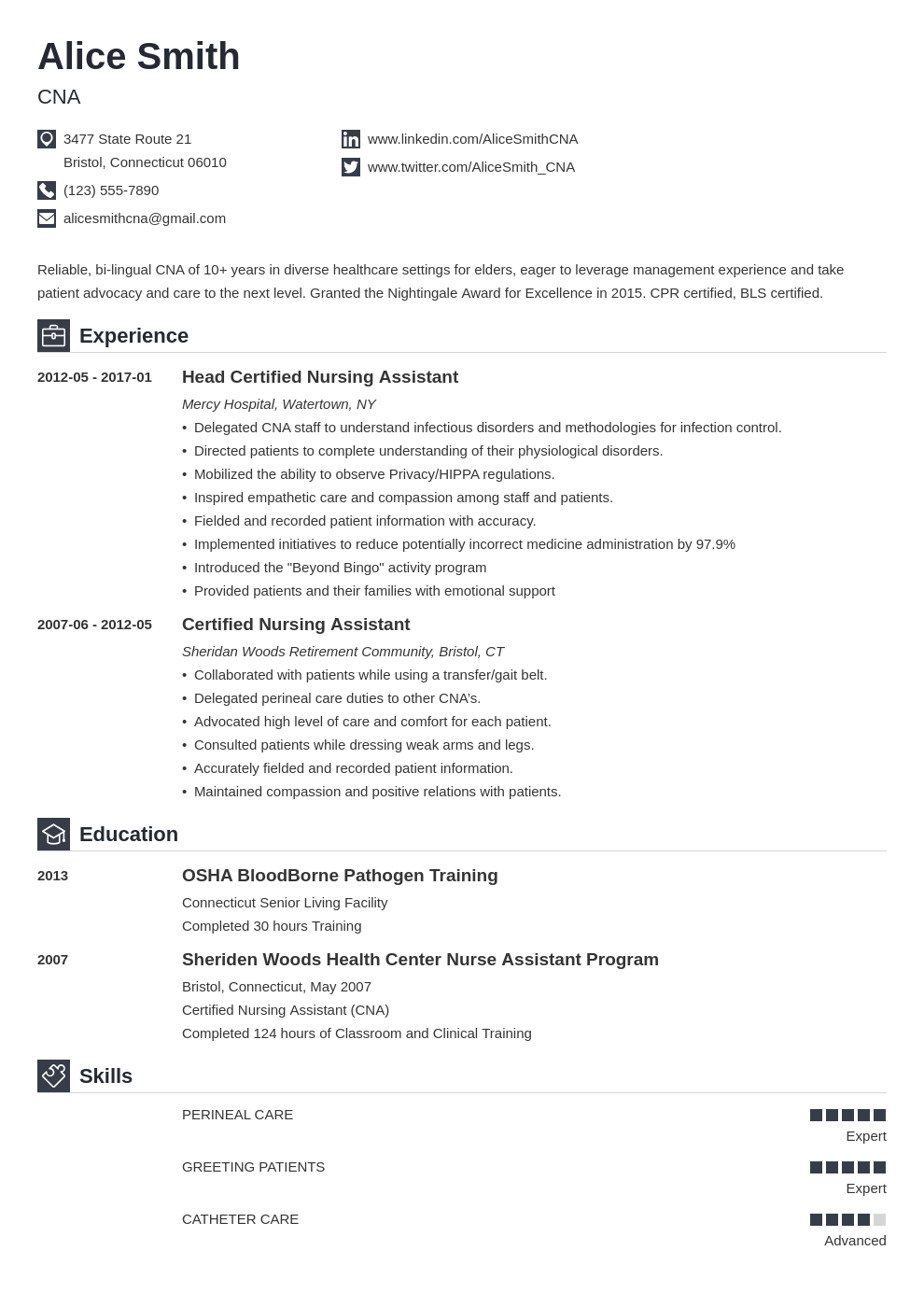 Job duties of a cna for a resume