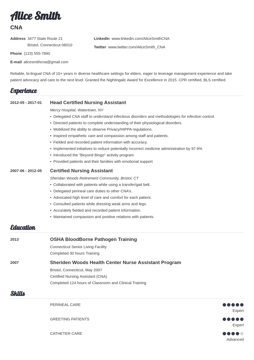 CNA Job Description for a Resume Examples and HowTo