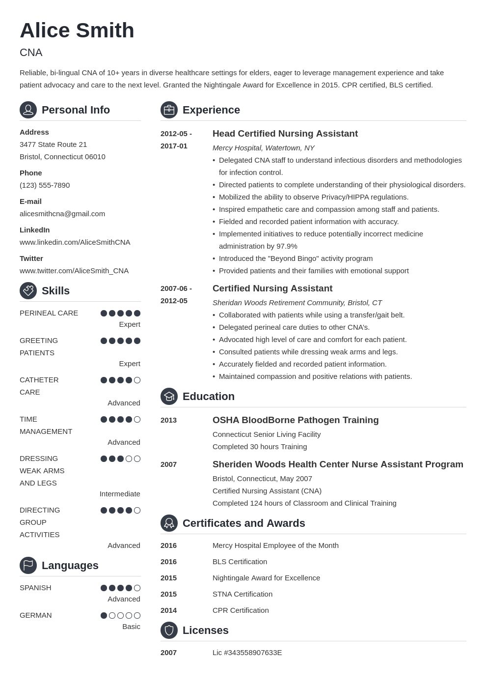 cna resume example template crisp