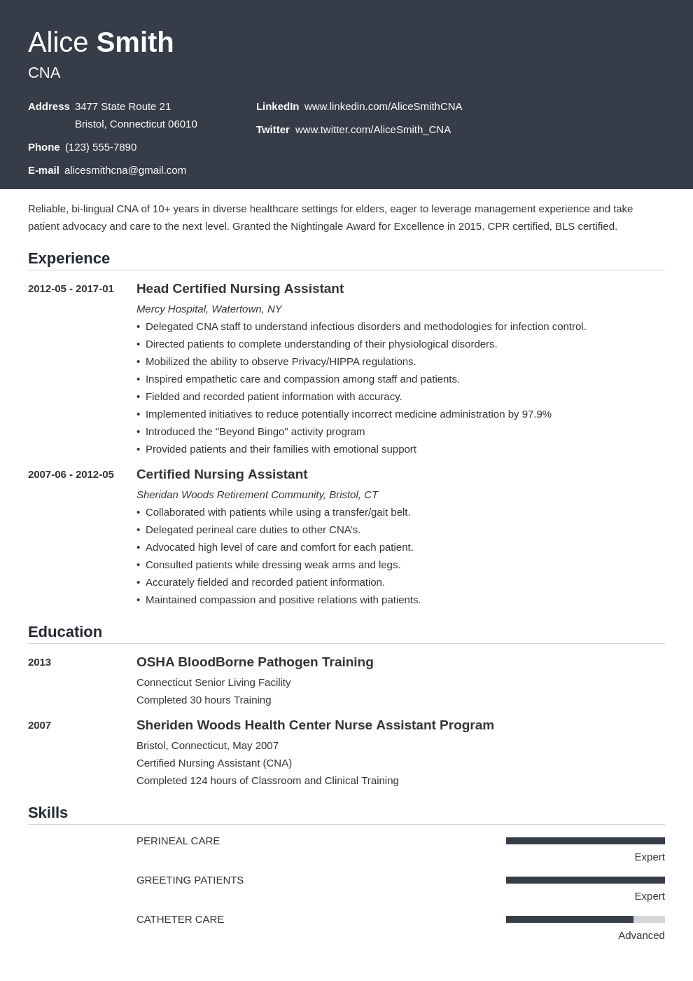 Certified Nursing Assistant (CNA) Resume Examples & Skills