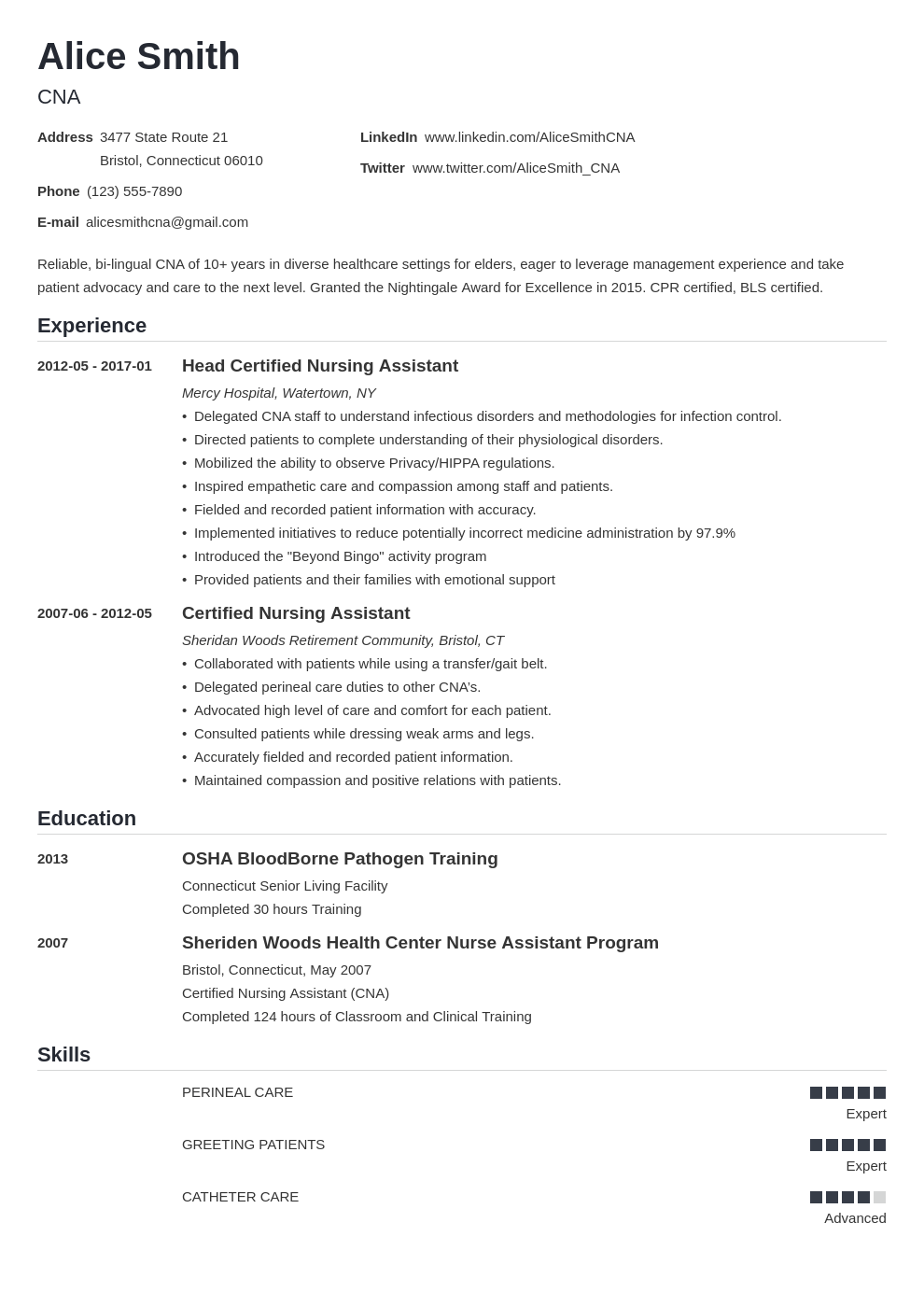 Job description of certified nursing assistant on resume