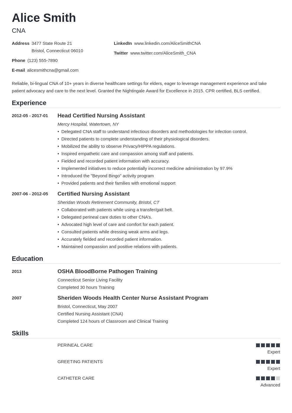 Cna Resume Template Free