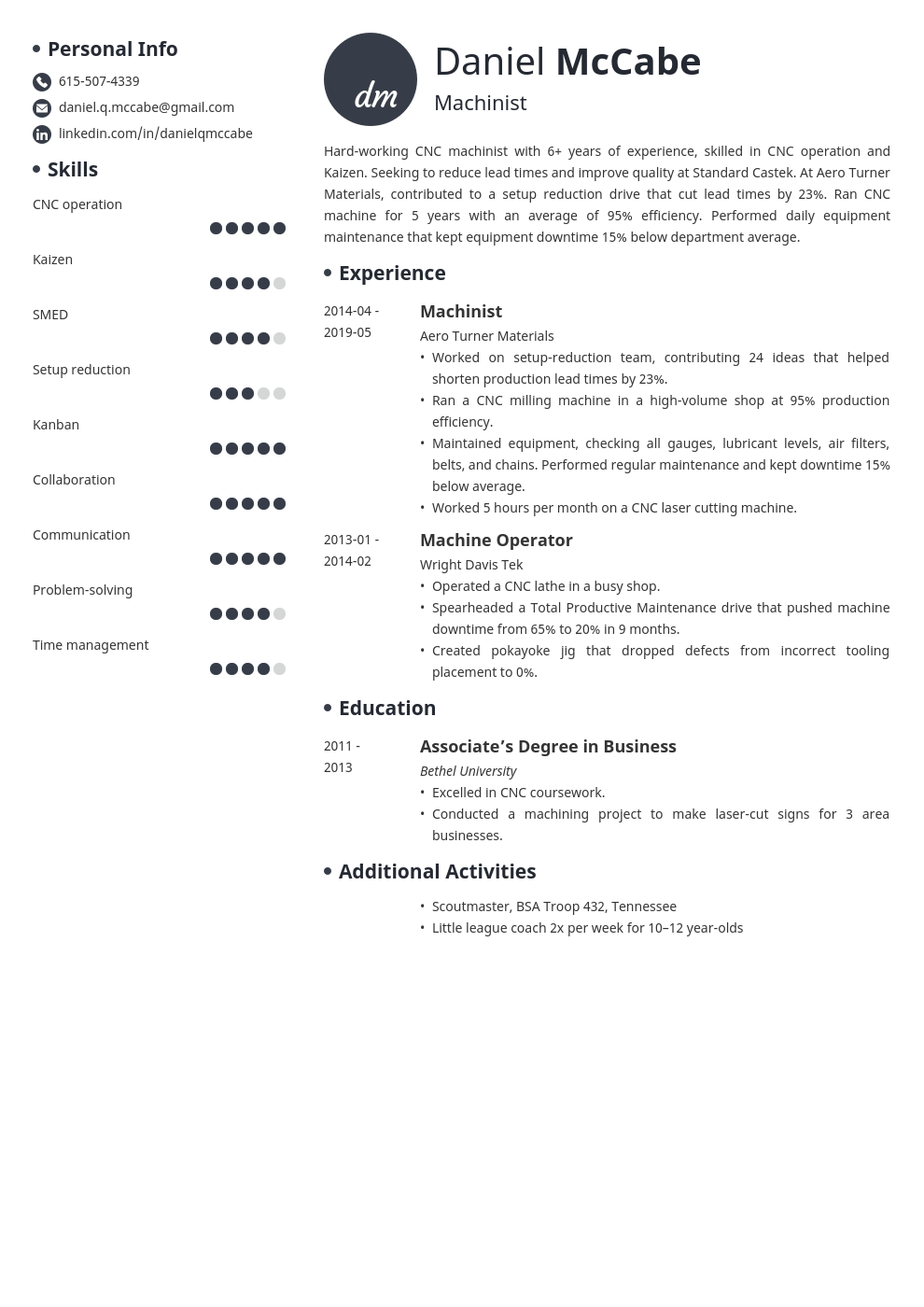 cnc machinist resume example template initials