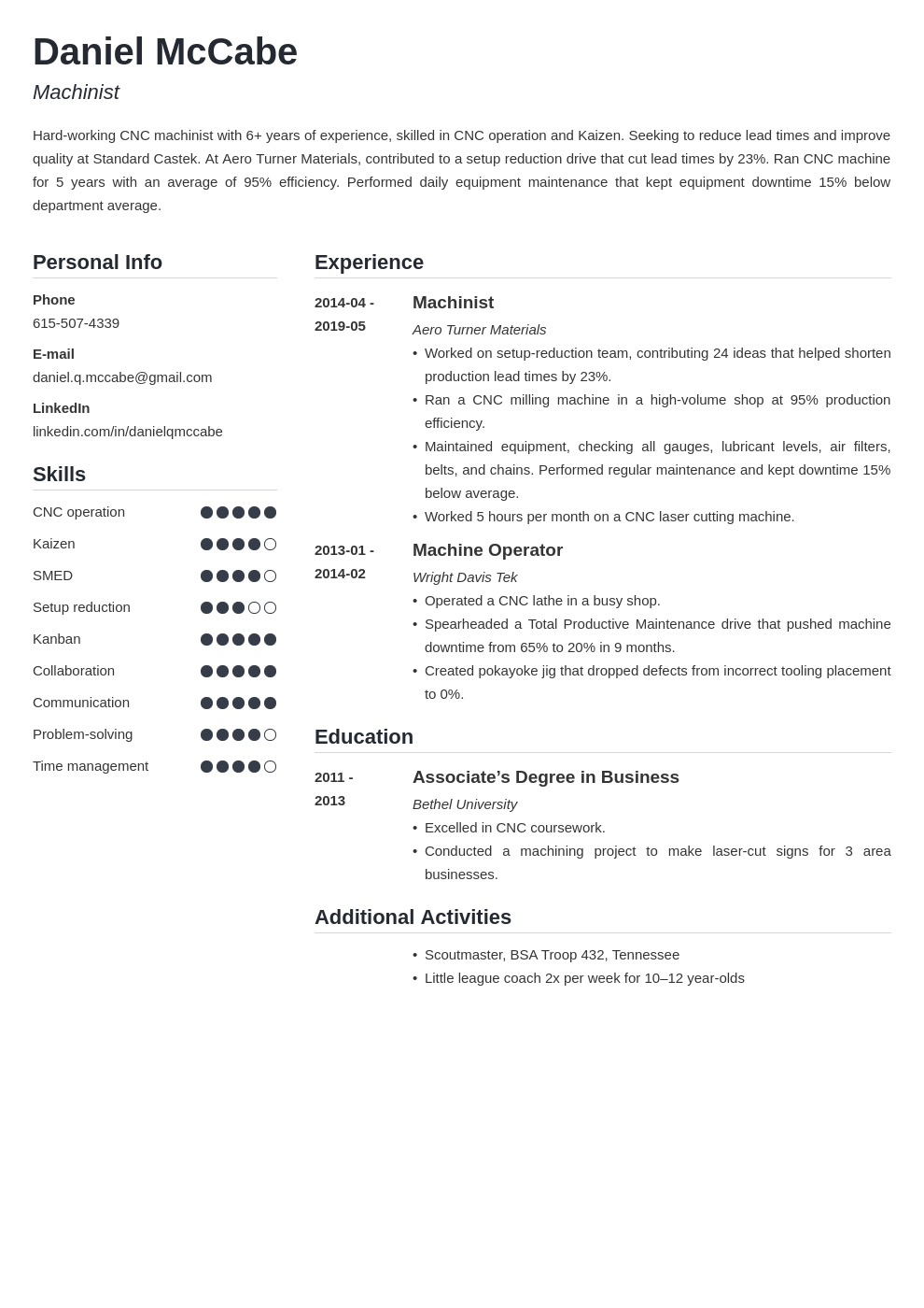 cnc machinist resume example template simple