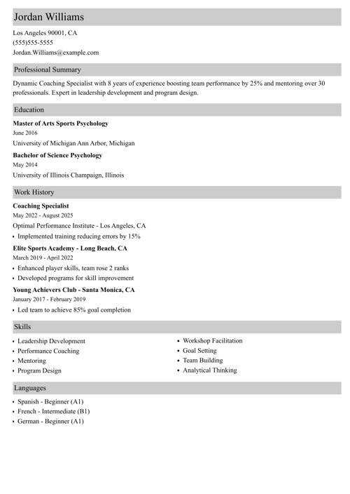 sample coach resume example