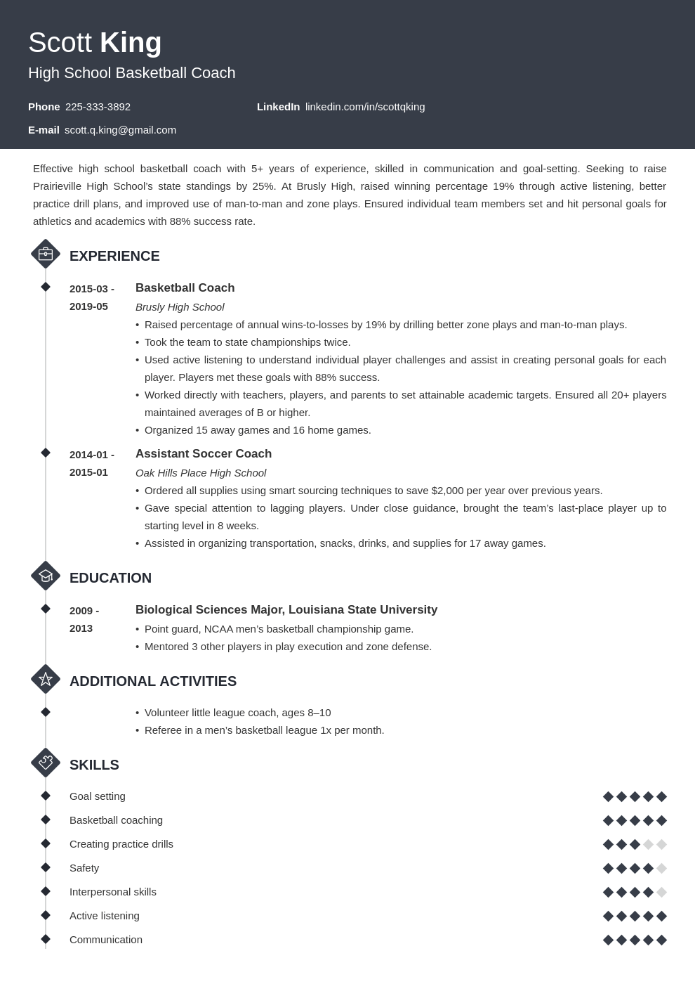 coaching resume example template diamond