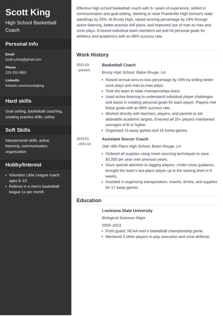 Coaching resume template from Zety (Cascade)