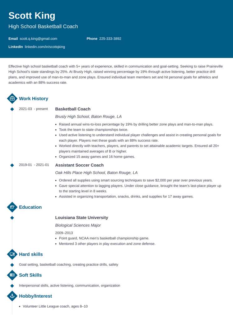 Coaching resume template from Zety (Diamond)