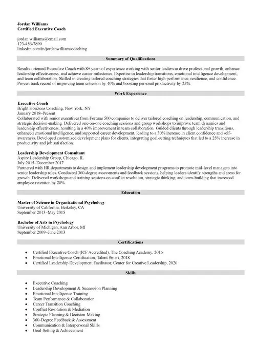 sample coach resume example