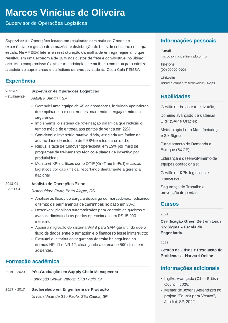 exemplo de currículo para Coca-Cola