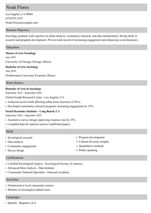 College freshman resume example