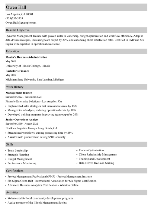 College graduate resume example