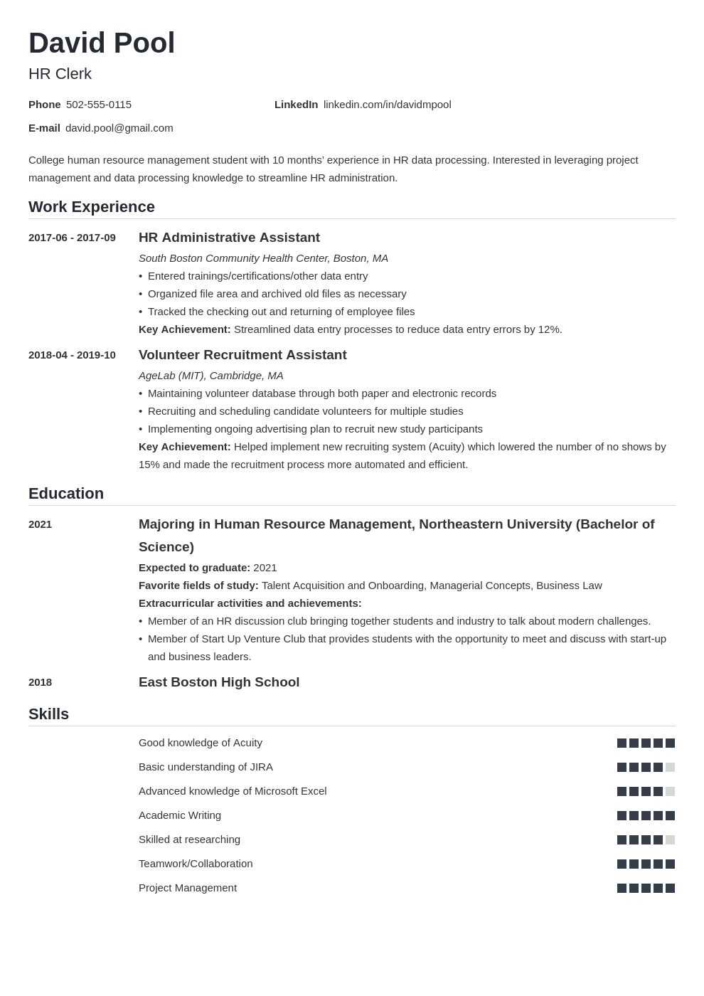 resume for college level