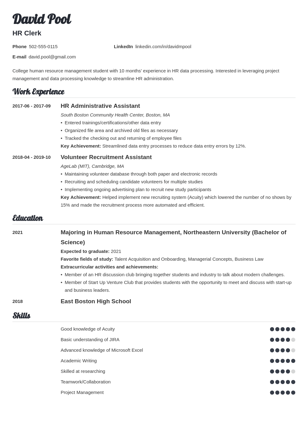 resume for college majors