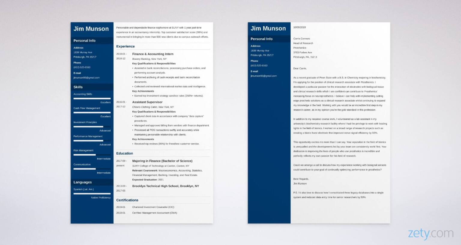 college student resume and cover letter set