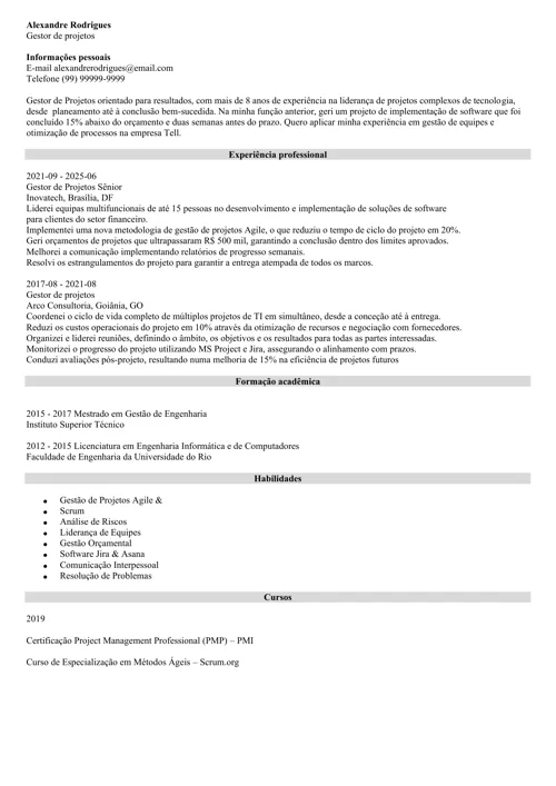 exemplo de currículo com seção para cursos