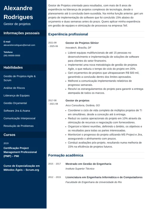 exemplo de currículo com seção para cursos