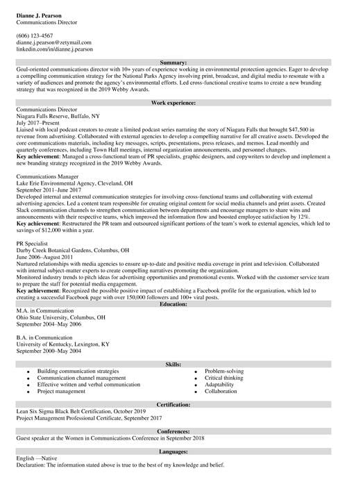 communications director resume example