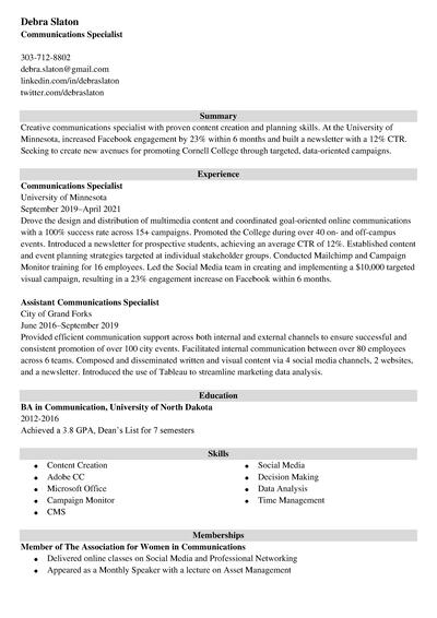 communications specialist resume example