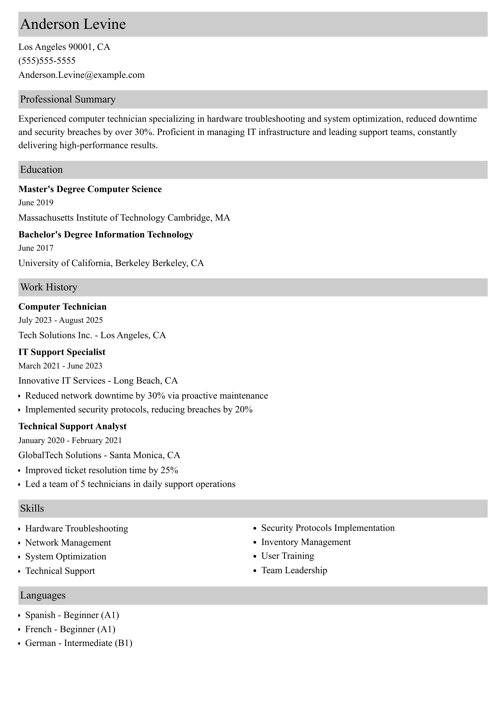 Computer technician resume example