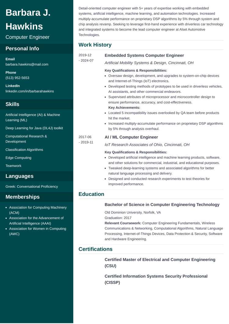 Cascade resume template for computer engineers