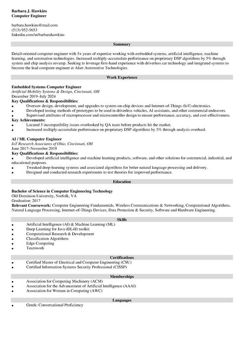 Computer Engineering Resume Example