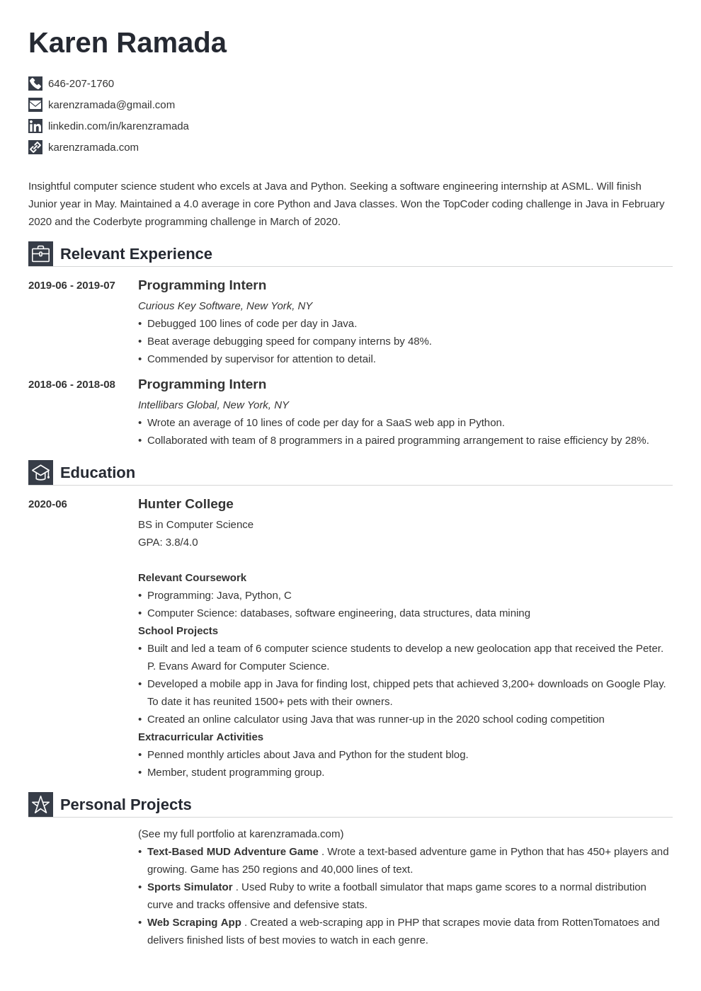 resume format for computer science engineering students for internship