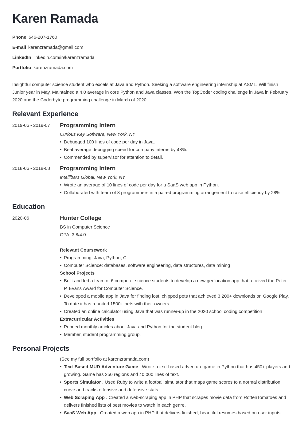 Computer Science Internship Resume Template For Students In 2021