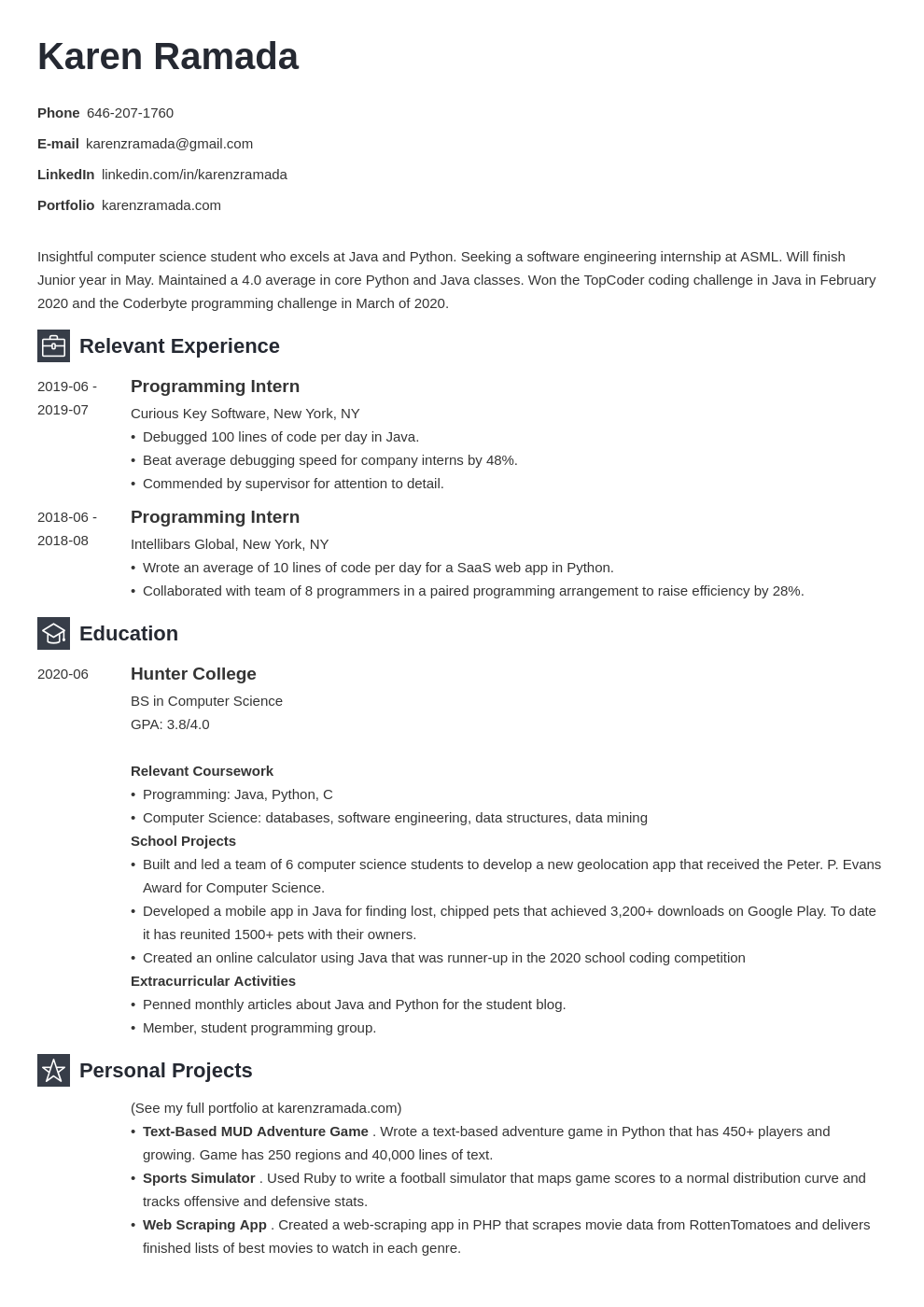 Computer Science Internship Resume Template & Guide