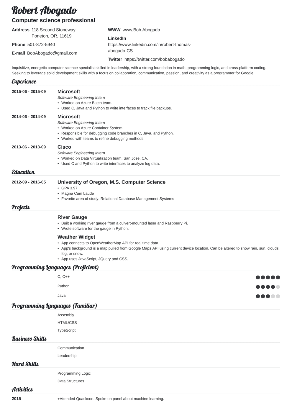 computer science resume template