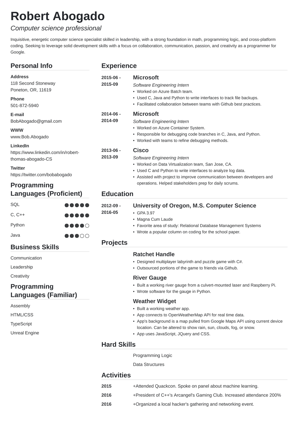 Computer Science (CS) Resume Example (Template & Guide)