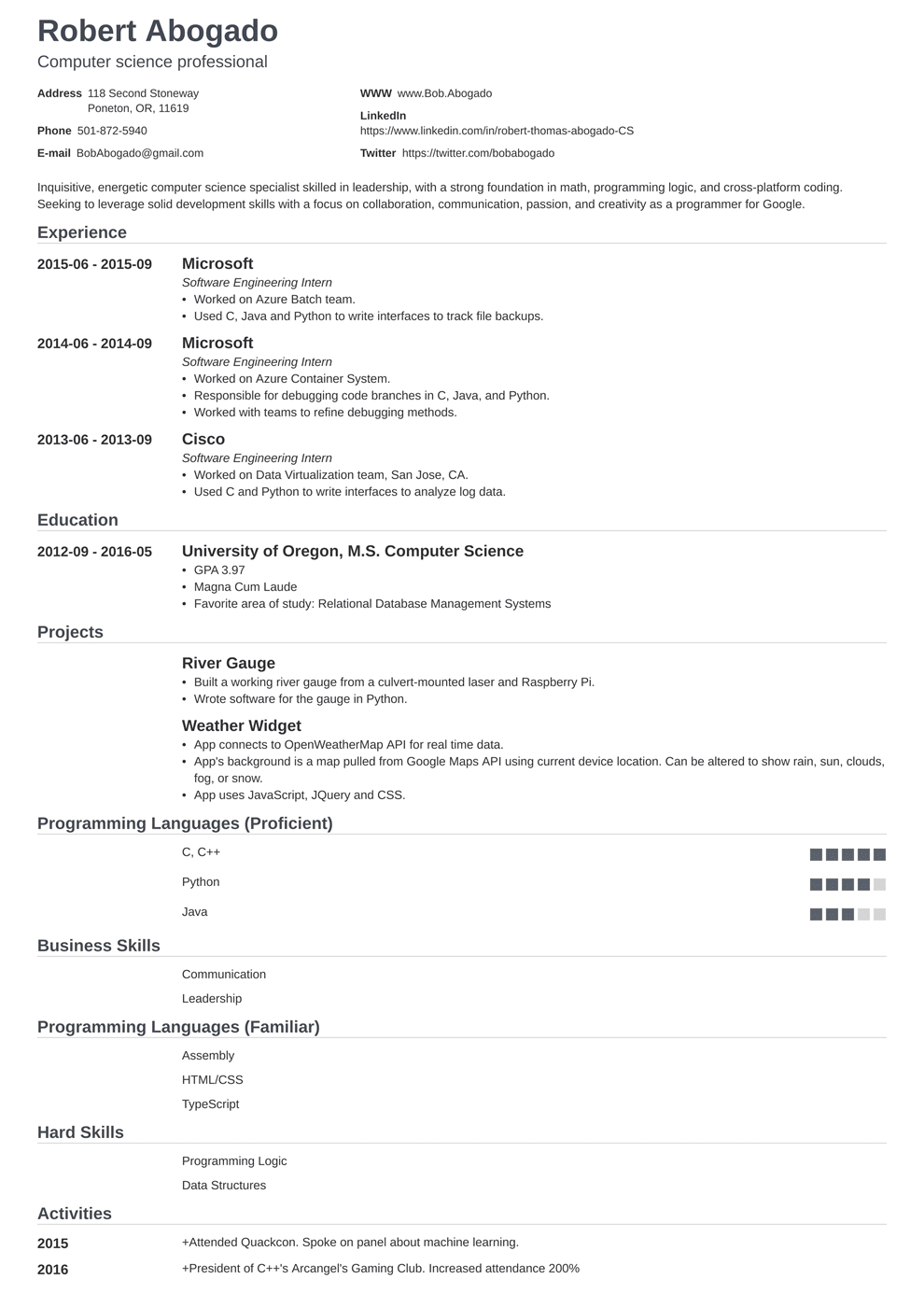 Computer Science Resume Sample Complete Guide 20 Examples