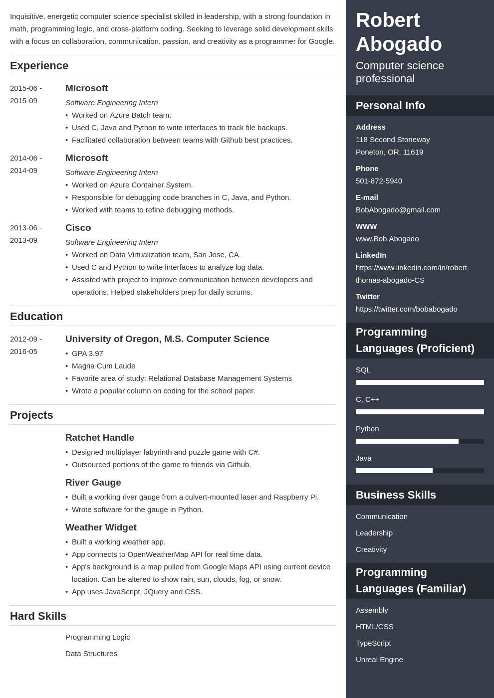 computer science resume template enfold