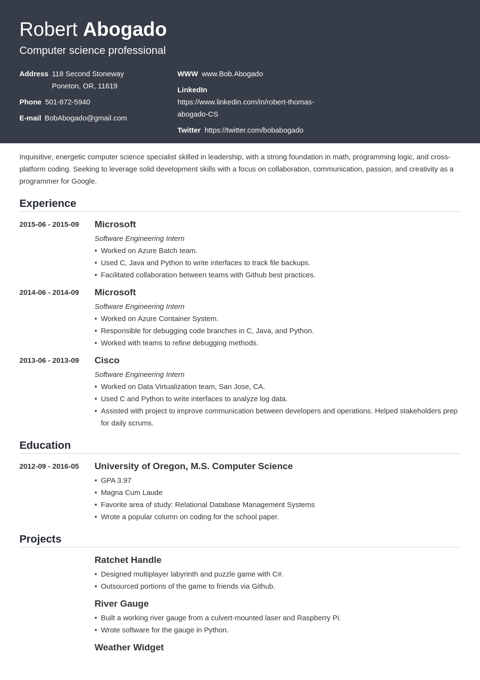 bachelor degree computer science resume