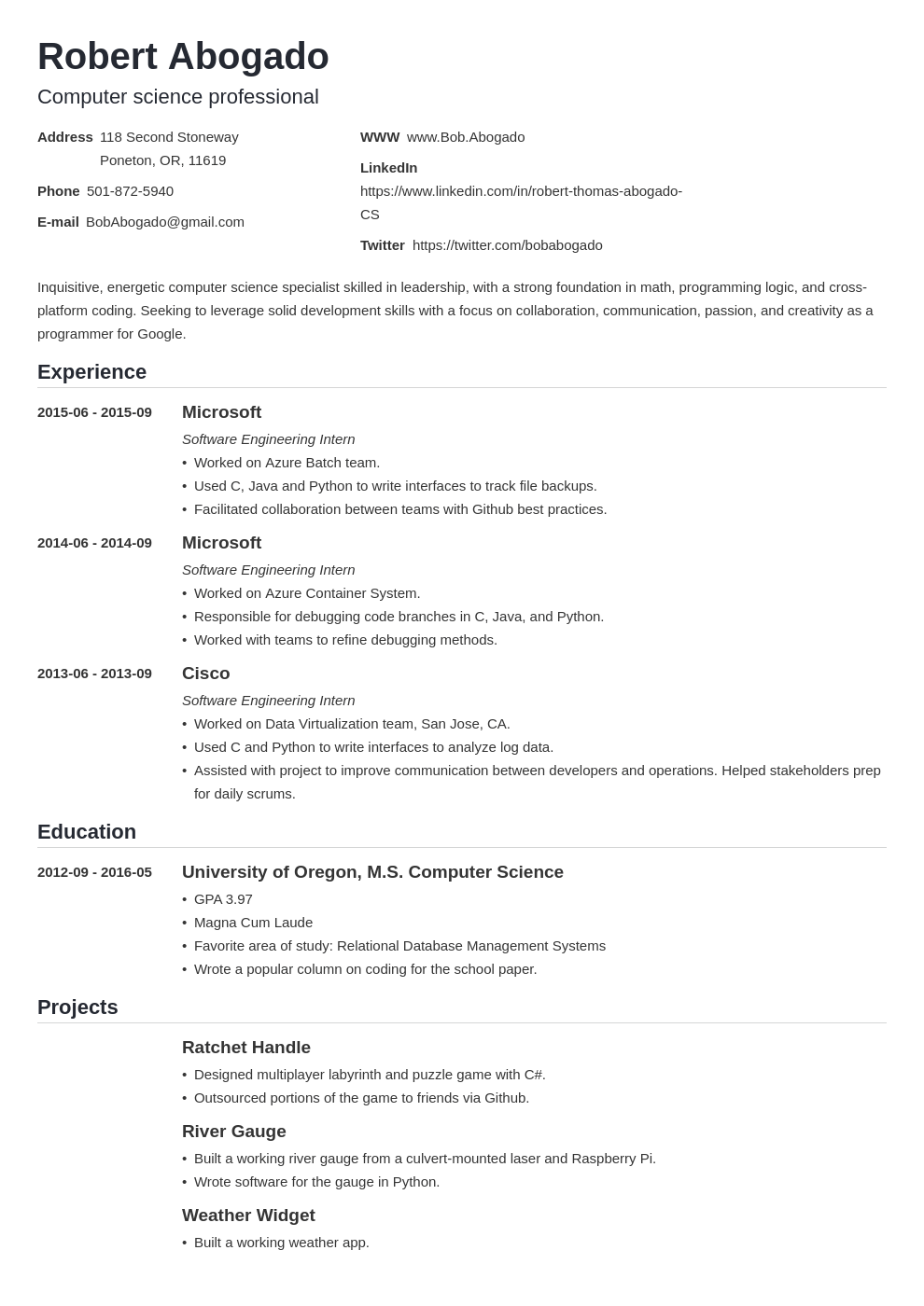 Computer Science Resume Summary