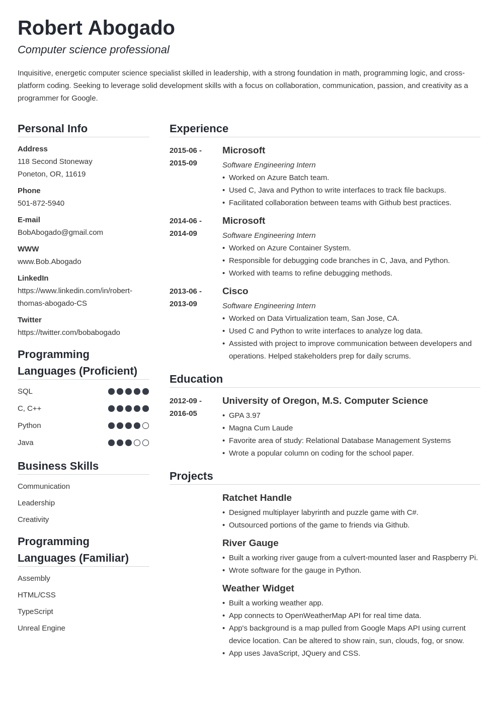 computer science resume template simple
